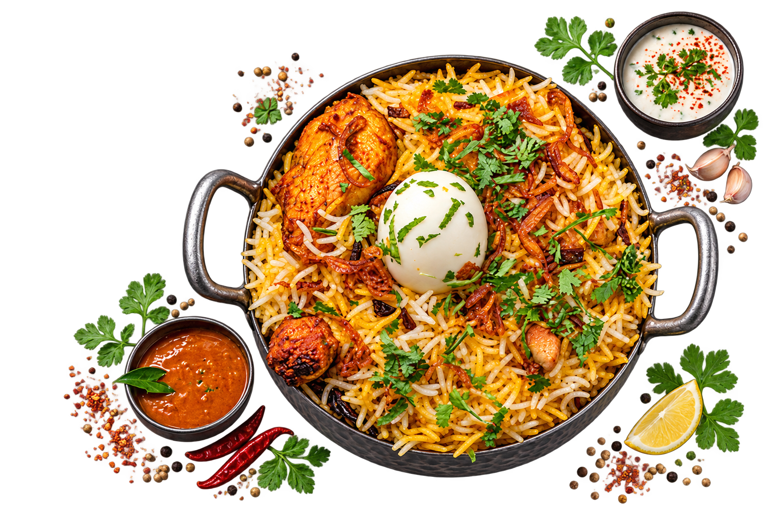 Biryani served in a brass pot with sides