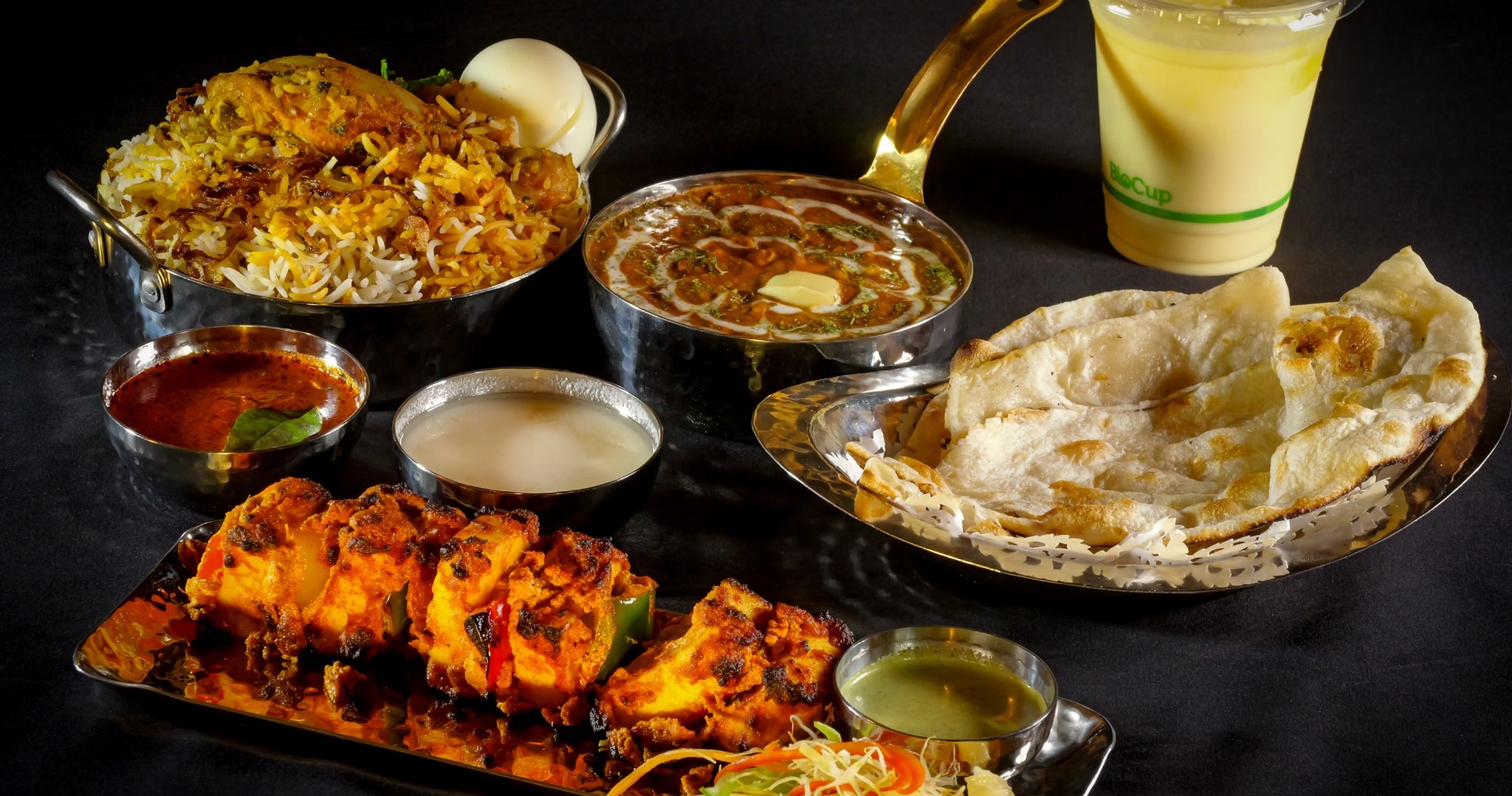Shared table of Indian dishes