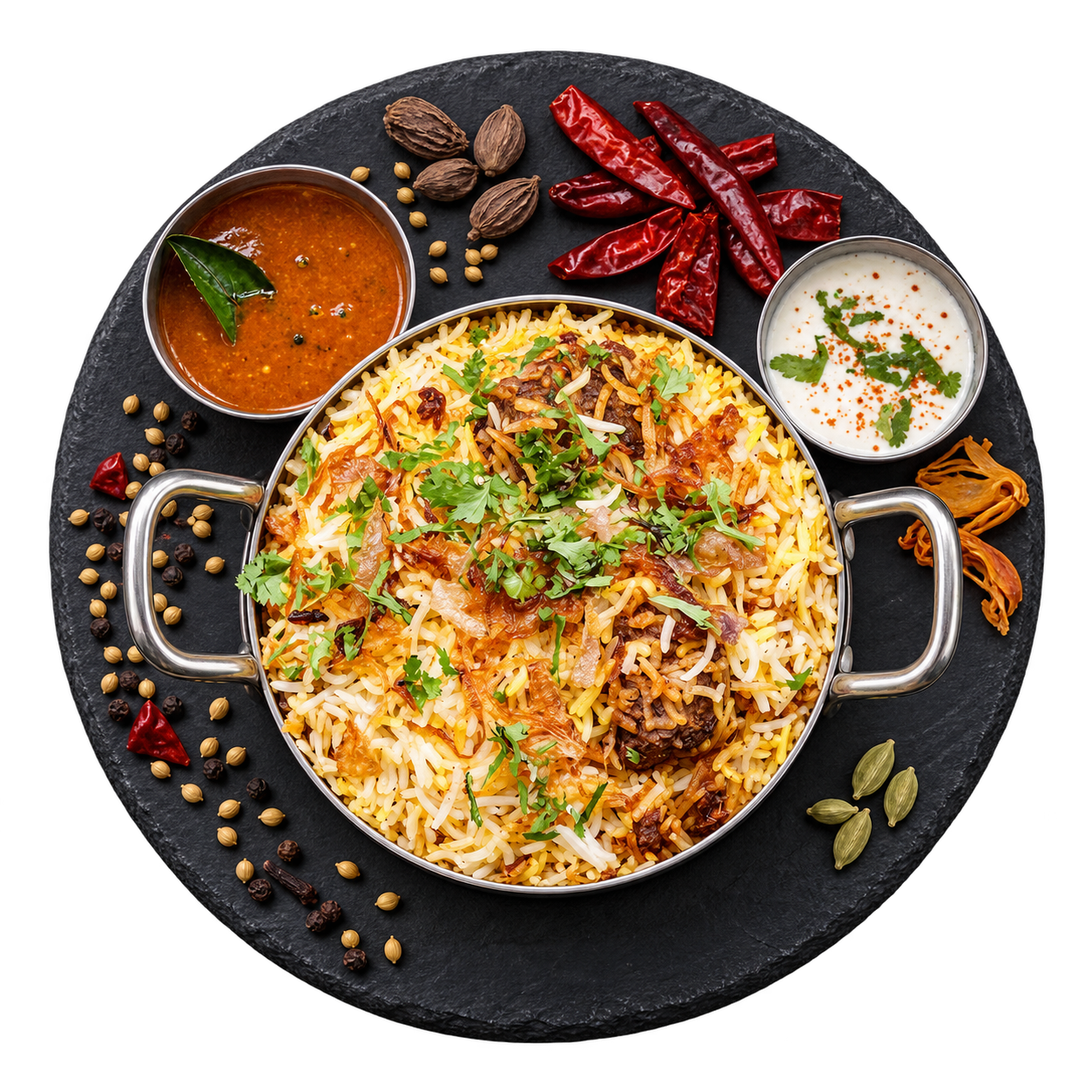 Biryani with accompaniments